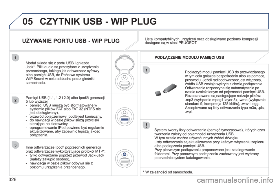 Peugeot 308 SW BL 2011  Instrukcja Obsługi (in Polish) 326
05
1
1
2
3
CZYTNIK USB - WIP PLUG
   
System tworzy listy odtwarzania (pamięć tymczasowa), których czas 
tworzenia zależy od pojemności urządzenia USB. 
  W tym czasie można używać innych