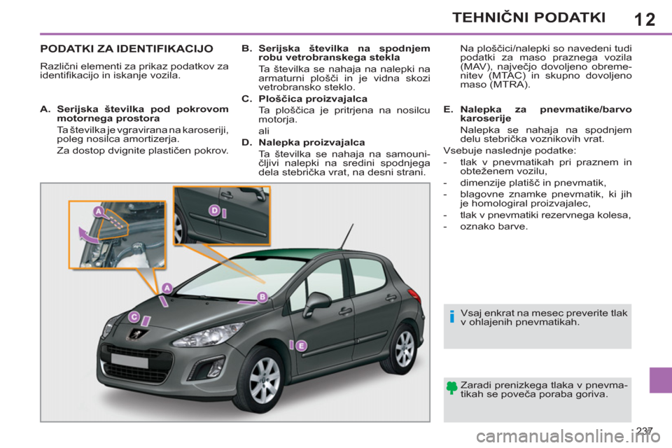 Peugeot 308 SW BL 2011  Priročnik za lastnika (in Slovenian) 12
i
237
TEHNIČNI PODATKI
PODATKI ZA IDENTIFIKACIJO 
 
Različni elementi za prikaz podatkov za 
identiﬁ kacijo in iskanje vozila.  
  Zaradi prenizkega tlaka v pnevma-
tikah se poveča poraba gori
