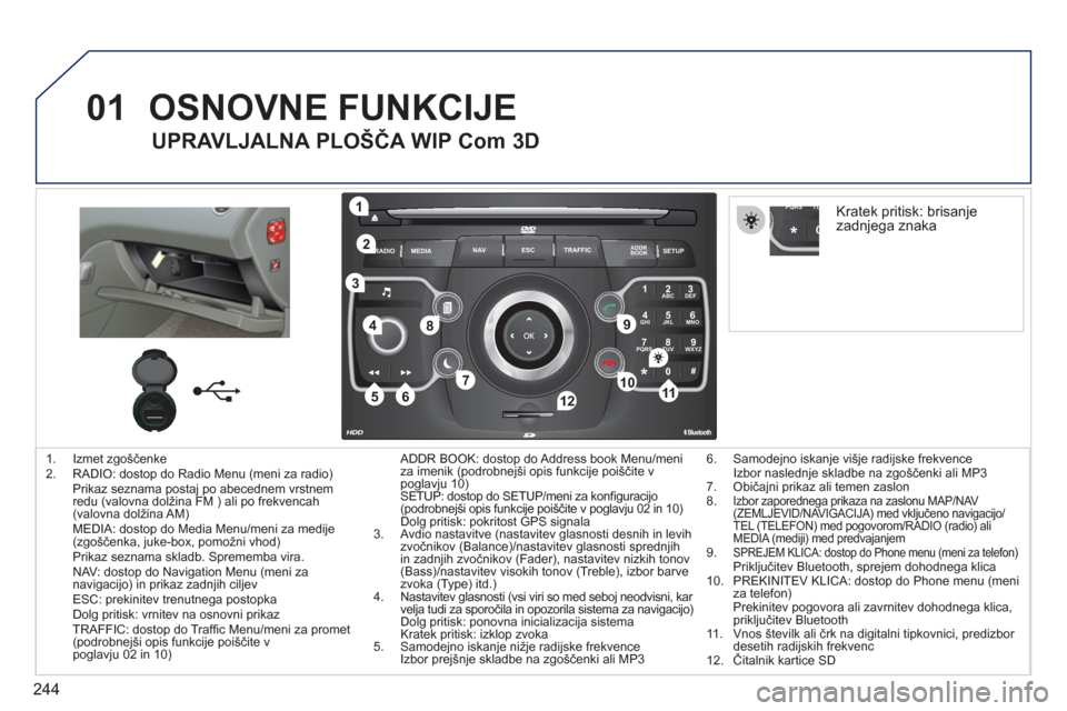 Peugeot 308 SW BL 2011  Priročnik za lastnika (in Slovenian) 244
01
2ABC3DEF
5JKL4GHI6MNO
8TUV7PQRS9WXYZ
0*#
1
RADIO MEDIANAV ESC TRAFFIC
SETUPADDR
BOOK
1
10
2
3
4
612
9
7
8
115
TU PQRS
0*
1.  Izmet zgoščenke
2.  RADIO: dostop do Radio Menu (meni za radio)Pri