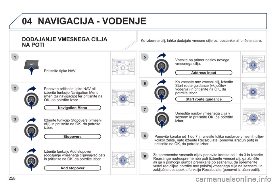 Peugeot 308 SW BL 2011  Priročnik za lastnika (in Slovenian) 258
04
2ABC3DEF5JKL4GHI6MNO8TUV7PQRS9WXYZ0*#
1RADIO MEDIANAVESC TRAFFIC
SETUPADDR
BOOK
2ABC3DEF5JKL4GHI6MNO8TUV7PQRS9WXYZ0*#
1RADIO MEDIANAV ESC TRAFFIC
SETUPADDR
BOOK
NAV
1
3
4
5
6
7
2ABC3DEF5JKL4GHI