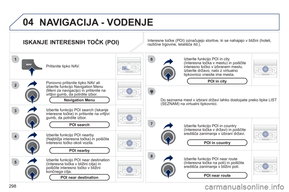 Peugeot 308 SW BL 2011  Priročnik za lastnika (in Slovenian) 298
04
8
6
7
4
3
5
2
1
NAVIGACIJA - VODENJE
   
ISKANJE INTERESNIH TOČK (POI) 
 
 
Pritisnite tipko NAV.
   
Ponovno 
pritisnite tipko NAV ali 
izberite funkcijo Navigation Menu(Meni za navigacijo) i