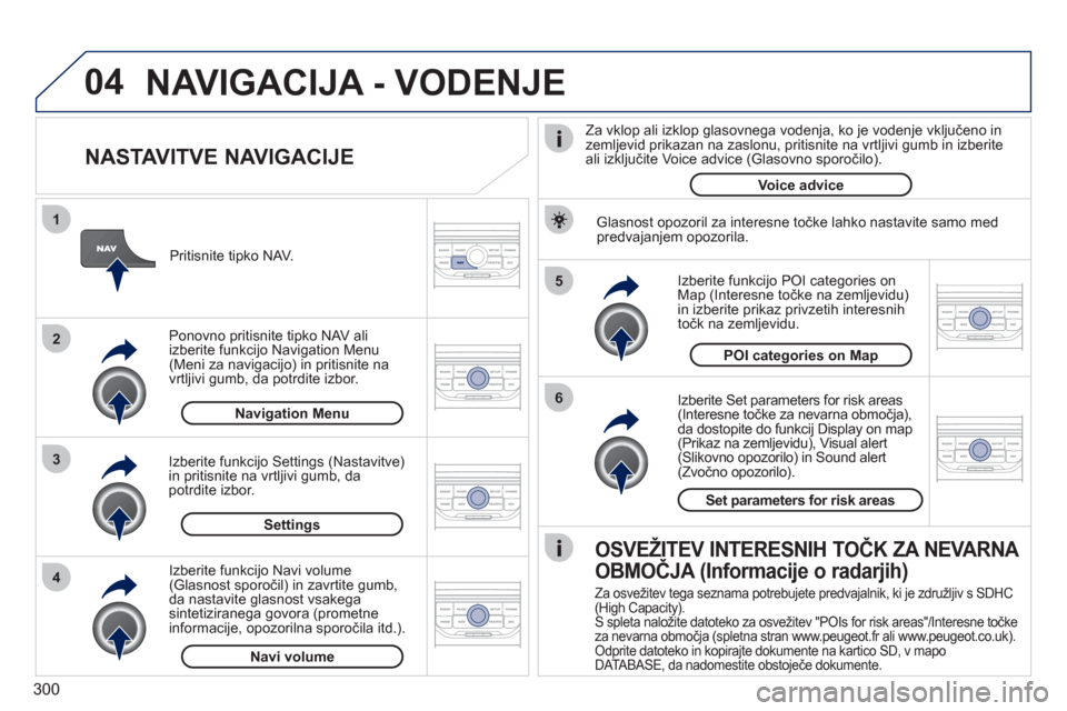 Peugeot 308 SW BL 2011 Priročnik za lastnika (in Slovenian) 300
04
5
6
3 2 1
4
NASTAVITVE NAVIGACIJE
Izberite Set parameters for risk areas (Interesne točke za nevarna območja),
da dostopite do funkcij Display on map (Prikaz na zemljevidu), Visual a Peugeot 308 SW BL 2011 Priročnik za lastnika (in Slovenian) 300
04
5
6
3 2 1
4
NASTAVITVE NAVIGACIJE
Izberite Set parameters for risk areas (Interesne točke za nevarna območja),
da dostopite do funkcij Display on map (Prikaz na zemljevidu), Visual a