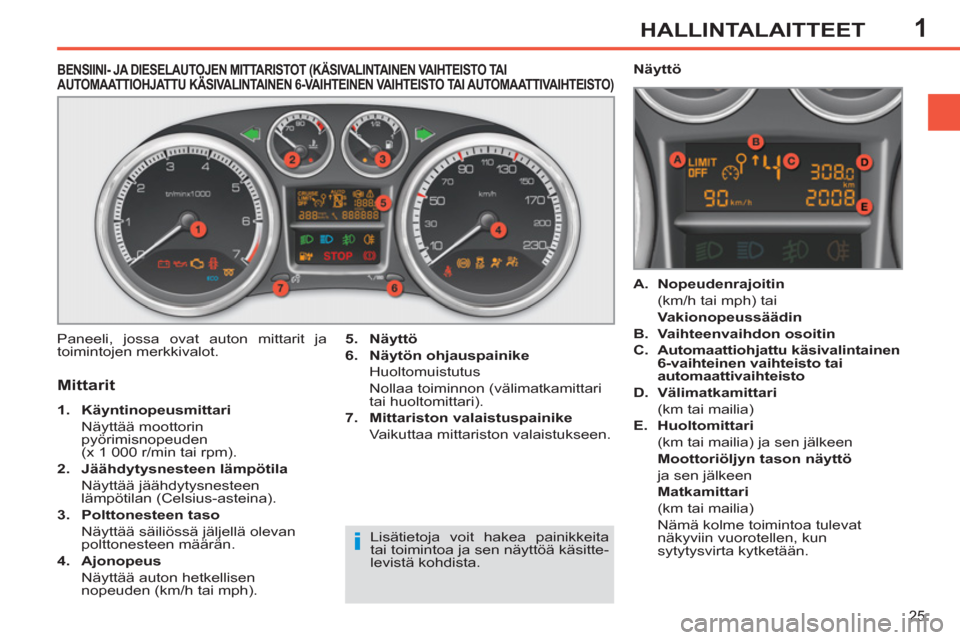 Peugeot 308 SW BL 2011 Omistajan käsikirja (in Finnish) 1
i
25
HALLINTALAITTEET
BENSIINI- JA DIESELAUTOJEN MITTARISTOT (KÄSIVALINTAINEN VAIHTEISTO TAIAUTOMAATTIOHJATTU KÄSIVALINTAINEN 6-VAIHTEINEN VAIHTEISTO TAI AUTOMAATTIVAIHTEISTO)(
Paneeli, jossa ov Peugeot 308 SW BL 2011 Omistajan käsikirja (in Finnish) 1
i
25
HALLINTALAITTEET
BENSIINI- JA DIESELAUTOJEN MITTARISTOT (KÄSIVALINTAINEN VAIHTEISTO TAIAUTOMAATTIOHJATTU KÄSIVALINTAINEN 6-VAIHTEINEN VAIHTEISTO TAI AUTOMAATTIVAIHTEISTO)(
Paneeli, jossa ov