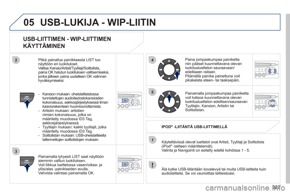 Peugeot 308 SW BL 2011 Omistajan käsikirja (in Finnish) 327
05
42
3
1
5
USB-LUKIJA - WIP-LIITIN
USB-LIITTIMEN - WIP-LIITTIMEN
KÄYTTÄMINEN
Painamalla lyhyesti LIST saat näyttöön aiemmin valitun luokituksen.
Voit liikkua luettelossa vasen/oikea- Peugeot 308 SW BL 2011 Omistajan käsikirja (in Finnish) 327
05
42
3
1
5
USB-LUKIJA - WIP-LIITIN
USB-LIITTIMEN - WIP-LIITTIMEN
KÄYTTÄMINEN
Painamalla lyhyesti LIST saat näyttöön aiemmin valitun luokituksen.
Voit liikkua luettelossa vasen/oikea-
