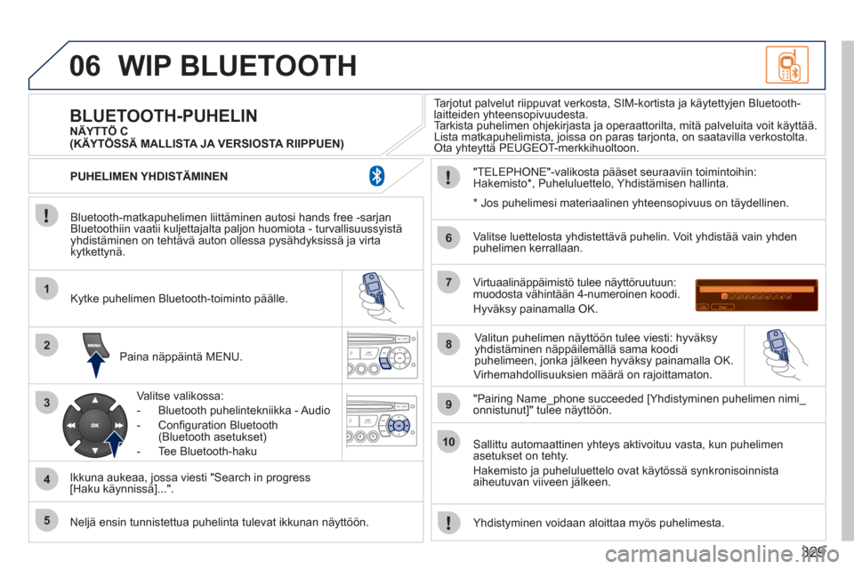 Peugeot 308 SW BL 2011 Omistajan käsikirja (in Finnish) 329
06
1
2
3
4
5
6
7
8
9
10
WIP BLUETOOTH
Bluetooth-matkapuhelimen liittäminen autosi hands free -sarjan
Bluetoothiin vaatii kuljettajalta paljon huomiota - turvallisuussyistäyhdistäminen on Peugeot 308 SW BL 2011 Omistajan käsikirja (in Finnish) 329
06
1
2
3
4
5
6
7
8
9
10
WIP BLUETOOTH
Bluetooth-matkapuhelimen liittäminen autosi hands free -sarjan
Bluetoothiin vaatii kuljettajalta paljon huomiota - turvallisuussyistäyhdistäminen on