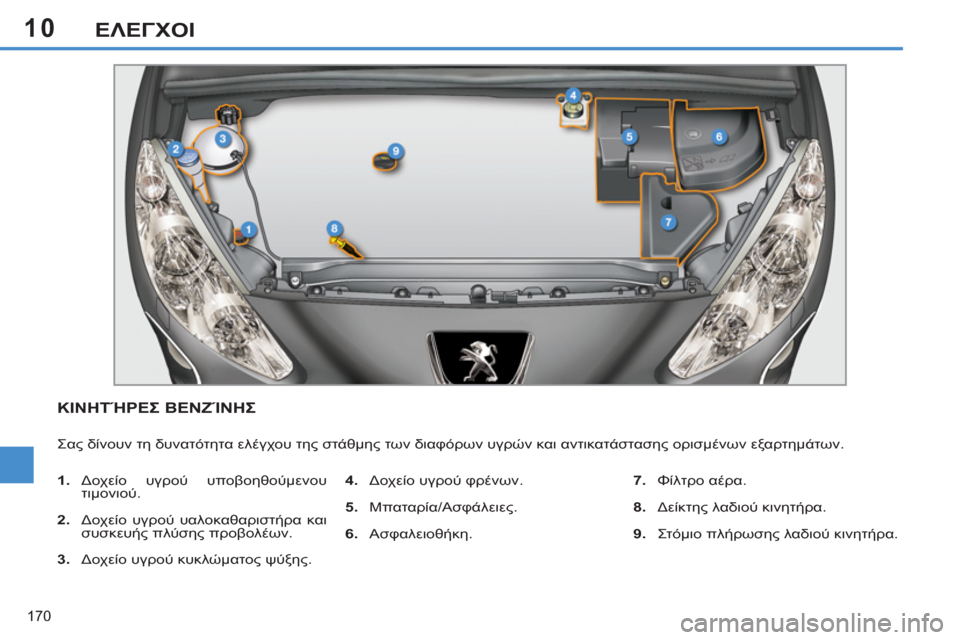 Peugeot 308 SW BL 2011  Εγχειρίδιο χρήσης (in Greek) 10
170
ΕΛΕΓΧΟΙ
ΚΙΝΗΤΉΡΕΣ ΒΕΝΖΊΝΗΣ 
  Σας δίνουν τη δυνατότητα ελέγχου της στάθμης των διαφόρων υγρών και αντικατ