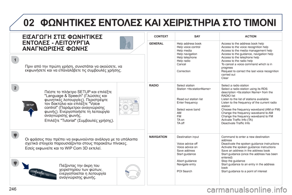 Peugeot 308 SW BL 2011  Εγχειρίδιο χρήσης (in Greek) 246
2ABC3DEF5JKL4GHI6MNO8TUV7PQRS9WXYZ0*#
1NAV ESC TRAFFICADDR
BOOKSETUP
02
2
1
SETUP
   
Πριν από την πρώτη χρήση, συνιστάται να ακούσετε, να εκφωνήσ