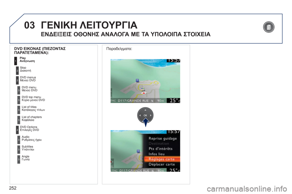 Peugeot 308 SW BL 2011  Εγχειρίδιο χρήσης (in Greek) 252
03
3
3
  DVD menuMενού DVD
  DVD to
p menuΚύριο μενού DVD
3 
List of titles Κατάλογος τίτλων 
3 
List of chapters Κεφάλαια 
 
 
DVD ΕΙΚΟΝΑΣ (ΠΙΕΖΟ