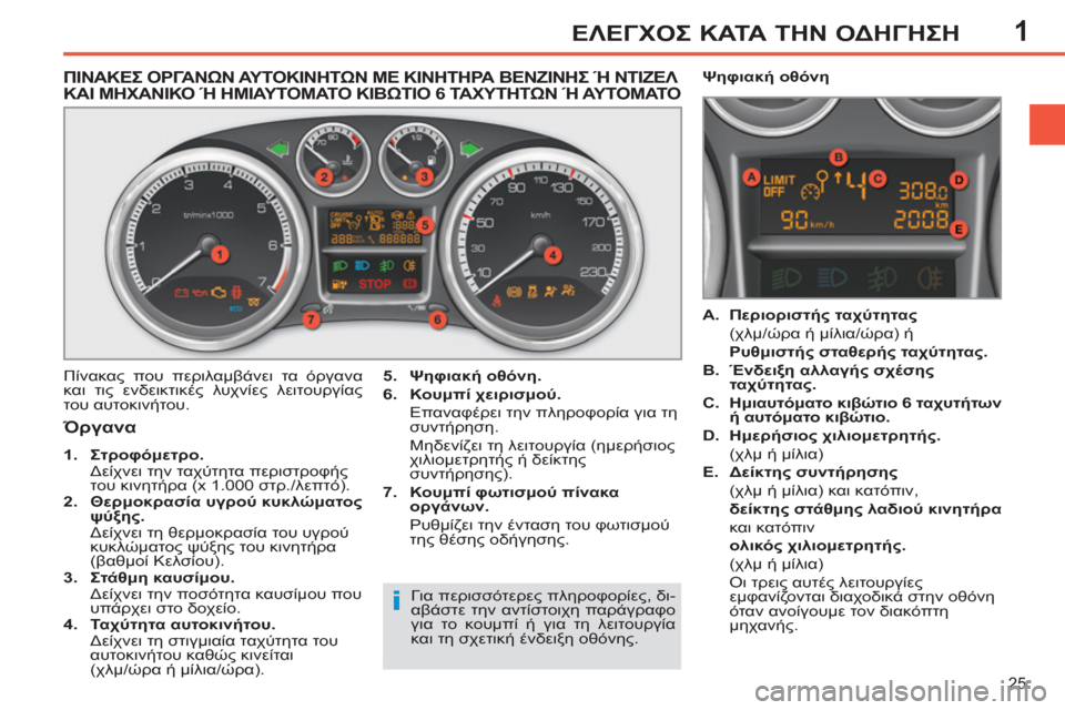 Peugeot 308 SW BL 2011 Εγχειρίδιο χρήσης (in Greek) 1
i
25
ΕΛΕΓΧΟΣ ΚΑΤΑ ΤΗΝ ΟΔΗΓΗΣΗ
ΠΙΝΑΚΕΣ ΟΡΓΑΝΩΝ ΑΥΤΟΚΙΝΗΤΩΝ ΜΕ ΚΙΝΗΤΗΡΑ ΒΕΝΖΙΝΗΣ Ή ΝΤΙΖΕΛ ΚΑΙ ΜΗΧΑΝΙΚΟ Ή ΗΜΙΑΥΤ Peugeot 308 SW BL 2011 Εγχειρίδιο χρήσης (in Greek) 1
i
25
ΕΛΕΓΧΟΣ ΚΑΤΑ ΤΗΝ ΟΔΗΓΗΣΗ
ΠΙΝΑΚΕΣ ΟΡΓΑΝΩΝ ΑΥΤΟΚΙΝΗΤΩΝ ΜΕ ΚΙΝΗΤΗΡΑ ΒΕΝΖΙΝΗΣ Ή ΝΤΙΖΕΛ ΚΑΙ ΜΗΧΑΝΙΚΟ Ή ΗΜΙΑΥΤ