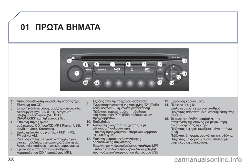 Peugeot 308 SW BL 2011 Εγχειρίδιο χρήσης (in Greek) 320
01
1
22
10101111
133144155
33445566778899
122
ΠΡΩΤΑΒΗΜΑΤΑ
1. Λειτουργία/Διακοπή και ρύθμιση έντασης ήχου.2. Εξαγωγή του CD.3. Επιλ Peugeot 308 SW BL 2011 Εγχειρίδιο χρήσης (in Greek) 320
01
1
22
10101111
133144155
33445566778899
122
ΠΡΩΤΑΒΗΜΑΤΑ
1. Λειτουργία/Διακοπή και ρύθμιση έντασης ήχου.2. Εξαγωγή του CD.3. Επιλ