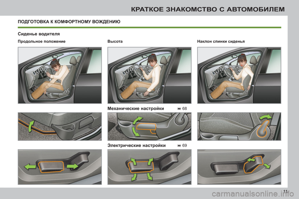 Peugeot 308 SW BL 2011  Инструкция по эксплуатации (in Russian) 11
КРАТКОЕ ЗНАКОМСТВО С АВТОМОБИЛЕМ
 
ПОДГОТОВКА К КОМФОРТНОМУ ВОЖДЕНИЮ
   
Сиденье водителя 
   
Механические н
