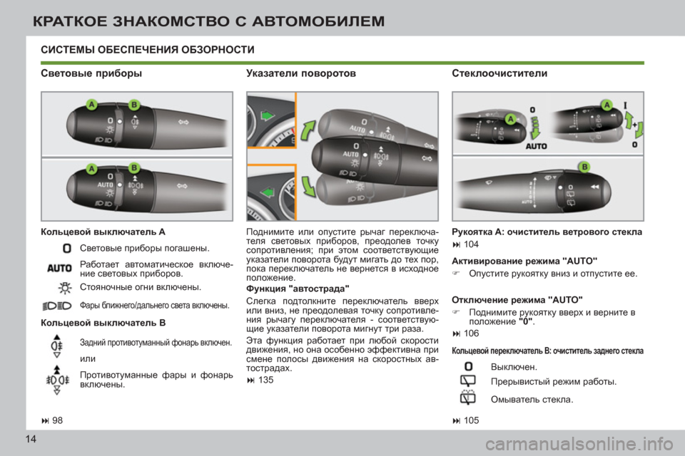 Peugeot 308 SW BL 2011  Инструкция по эксплуатации (in Russian) 14
КРАТКОЕ ЗНАКОМСТВО С АВТОМОБИЛЕМ
 
СИСТЕМЫ ОБЕСПЕЧЕНИЯ ОБЗОРНОСТИ 
   
Световые приборы 
 
 
Кольцевой выключ