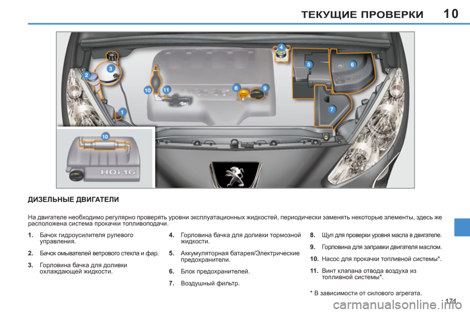 Peugeot 308 SW BL 2011  Инструкция по эксплуатации (in Russian) 10
171
ТЕКУЩИЕ ПРОВЕРКИ
ДИЗЕЛЬНЫЕ ДВИГАТЕЛИ 
 
На двигателе необходимо регулярно проверять уровни эксплуатацио
