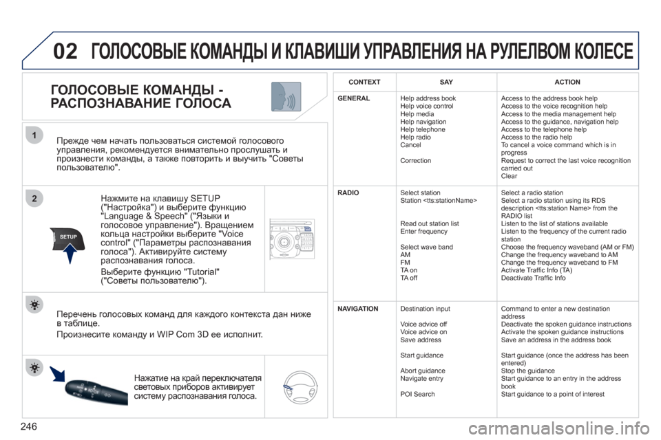 Peugeot 308 SW BL 2011  Инструкция по эксплуатации (in Russian) 246
2ABC3DEF5JKL4GHI6MNO8TUV7PQRS9WXYZ0*#
1NAV ESC TRAFFICADDR
BOOKSETUP
02
2
1
SETUP
   Прежде чем начать пользоваться системой голосового управле