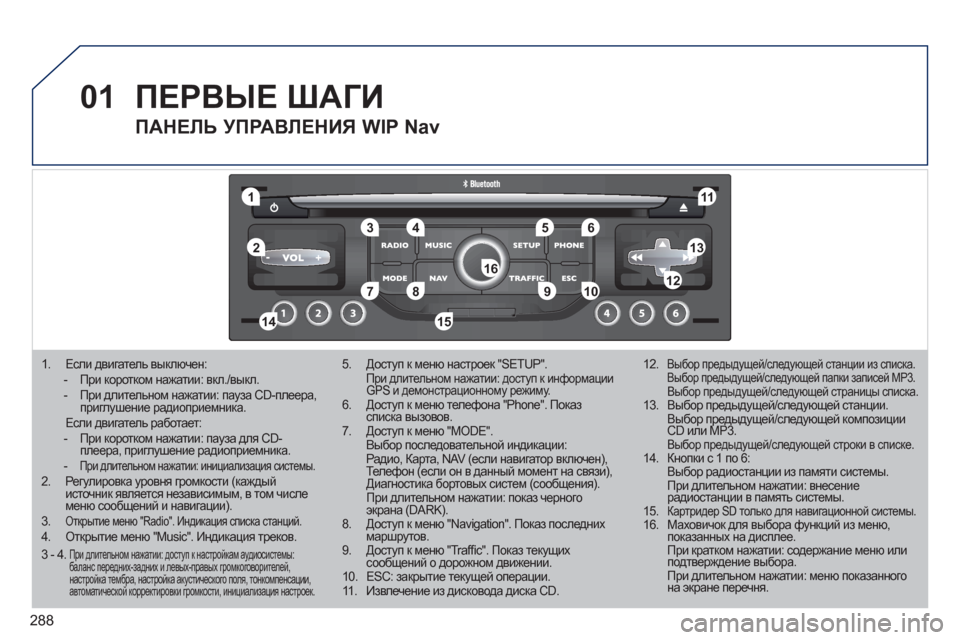 Peugeot 308 SW BL 2011  Инструкция по эксплуатации (in Russian) 288
01
11
55
101
22
334466
131
111
99
144155
77881212161
1.  Если двигатель выключен:  - При коротком нажатии: вкл./выкл.  - При длительном 