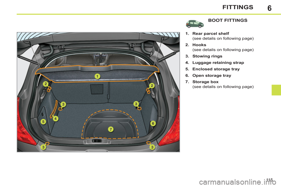 Peugeot 308 SW BL 2011  Owners Manual - RHD (UK. Australia) 6
11 5
FITTINGS
   
 
 
 
 
 
 
 
 
 
 
 
 
 
 
 
 
BOOT FITTINGS 
 
 
 
 
1. 
  Rear parcel shelf 
 
 
  (see details on following page) 
   
2. 
  Hooks 
 
 
  (see details on following page) 
   
3
