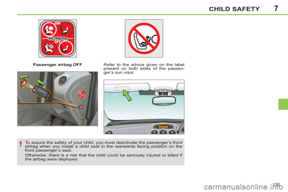 Peugeot 308 SW BL 2011  Owners Manual - RHD (UK. Australia) 7
!
125
CHILD SAFETY
   
 
Passenger airbag OFF   
 
Refer to the advice given on the label 
present on both sides of the passen-
ger’s sun visor.  
   
To assure the safety of your child, you must 