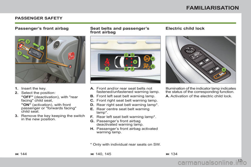 Peugeot 308 SW BL 2011  Owners Manual - RHD (UK. Australia) 17
FAMILIARISATION
  PASSENGER SAFETY 
 
 
Electric child lock 
 
Illumination of the indicator lamp indicates 
the status of the corresponding function. 
   
A. 
 Activation of the electric child loc