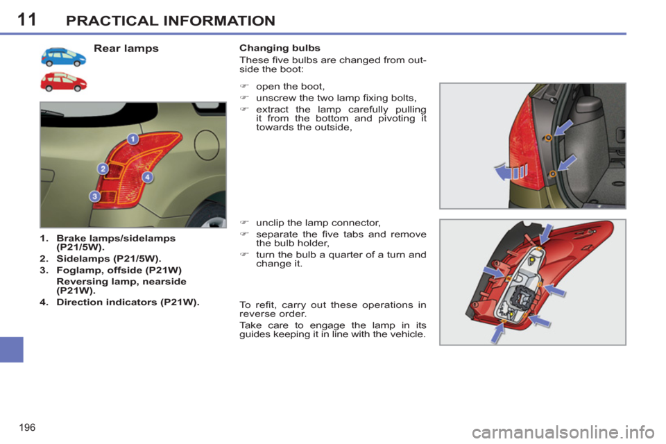 Peugeot 308 SW BL 2011  Owners Manual - RHD (UK. Australia) 11
196
PRACTICAL INFORMATION
   
 
 
 
 
 
 
 
 
 
 
 
 
 
 
 
 
 
 
 
 
 
 
 
 
 
 
 
 
 
Rear lamps 
 
 
 
1. 
  Brake lamps/sidelamps 
(P21/5W). 
 
   
2. 
  Sidelamps (P21/5W). 
 
   
3. 
  Foglam