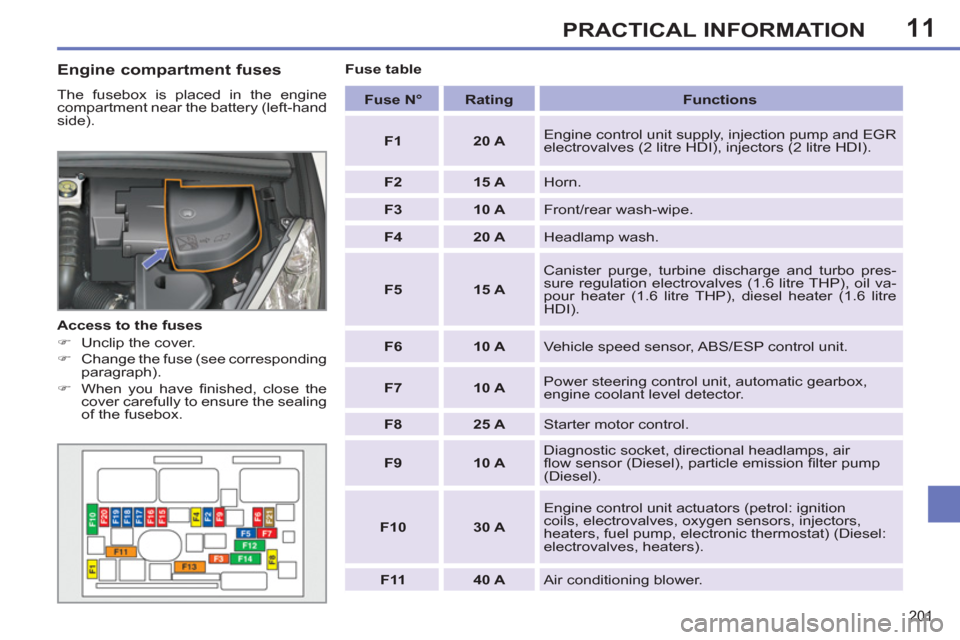 Peugeot 308 SW BL 2011  Owners Manual - RHD (UK. Australia) 11
201
PRACTICAL INFORMATION
   
Engine compartment fuses 
 
The fusebox is placed in the engine 
compartment near the battery (left-hand 
side). 
   
Access to the fuses 
   
 
�) 
  Unclip the cover