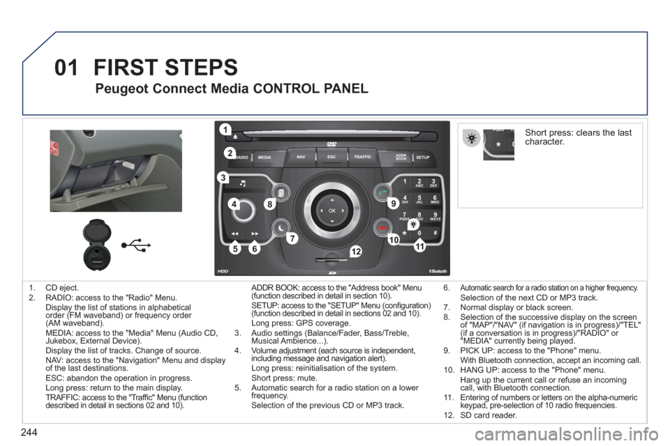 Peugeot 308 SW BL 2011 Owners Manual - RHD (UK. Australia) 244
01
2ABC3DEF
5JKL4GHI6MNO
8TUV7PQRS9WXYZ
0*#
1
RADIO MEDIANAV ESC TRAFFIC
SETUPADDR
BOOK
1
10
2
3
4
612
9
7
8
115
TU PQRS
0*
1. CD eject.
2. RADIO: access to the "Radio" Menu.
Dis Peugeot 308 SW BL 2011 Owners Manual - RHD (UK. Australia) 244
01
2ABC3DEF
5JKL4GHI6MNO
8TUV7PQRS9WXYZ
0*#
1
RADIO MEDIANAV ESC TRAFFIC
SETUPADDR
BOOK
1
10
2
3
4
612
9
7
8
115
TU PQRS
0*
1. CD eject.
2. RADIO: access to the "Radio" Menu.
Dis