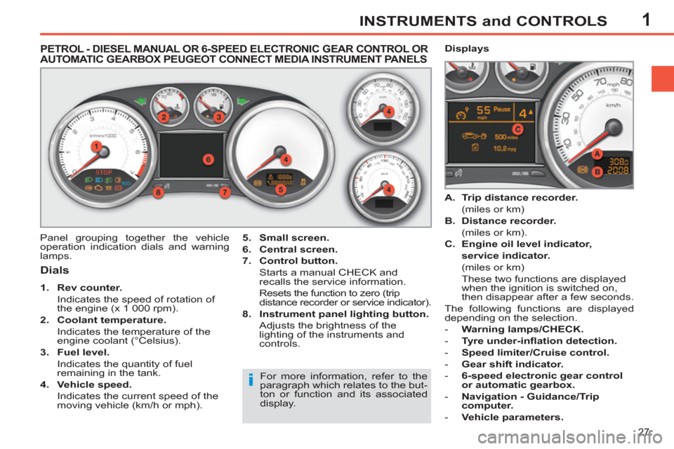 Peugeot 308 SW BL 2011 Owners Manual - RHD (UK. Australia) 1
i
27
INSTRUMENTS and CONTROLS
PETROL - DIESEL MANUAL OR 6-SPEED ELECTRONIC GEAR CONTROL OR
AUTOMATIC GEARBOX PEUGEOT CONNECT MEDIA INSTRUMENT PANELS
Dials
1.
Peugeot 308 SW BL 2011 Owners Manual - RHD (UK. Australia) 1
i
27
INSTRUMENTS and CONTROLS
PETROL - DIESEL MANUAL OR 6-SPEED ELECTRONIC GEAR CONTROL OR
AUTOMATIC GEARBOX PEUGEOT CONNECT MEDIA INSTRUMENT PANELS
Dials
1.