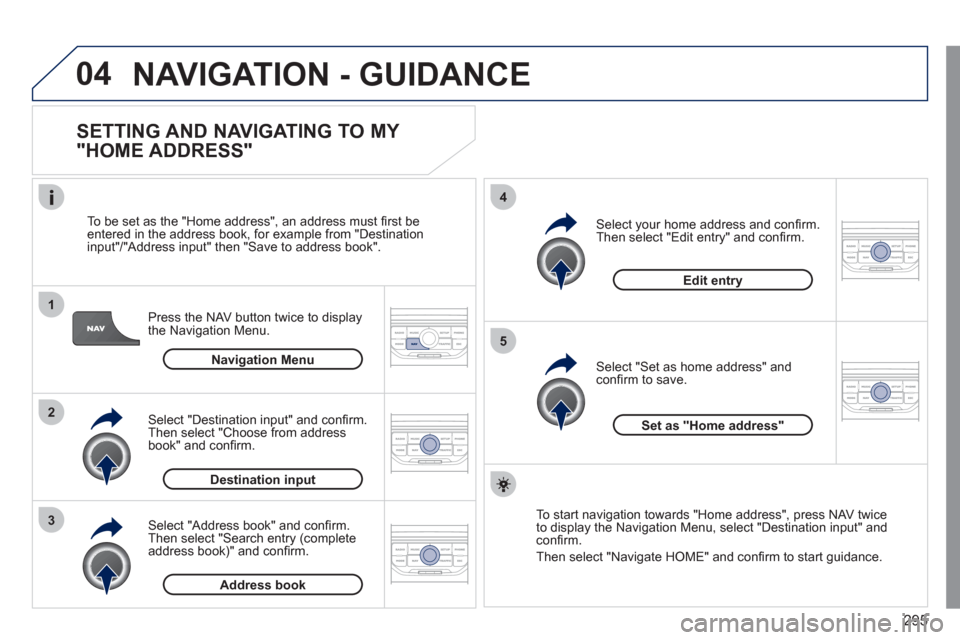 Peugeot 308 SW BL 2011  Owners Manual - RHD (UK. Australia) 295
04
1
2
3
5
4
  NAVIGATION - GUIDANCE 
 
 
SETTING AND NAVIGATING TO MY 
"HOME ADDRESS" 
   
Press the NAV button twice to display 
the Navigation Menu.     
To be set as the "Home address", an add