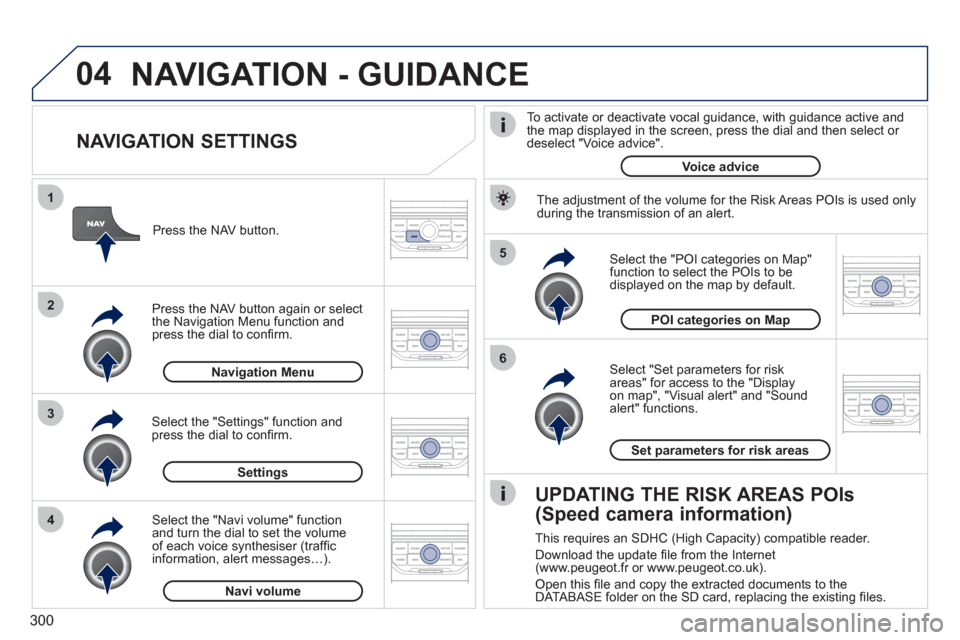 Peugeot 308 SW BL 2011 Owners Manual - RHD (UK. Australia) 300
04
5
6
3 2 1
4
NAVIGATION SETTINGS
Select "Set parameters for risk
areas" for access to the "Display
on map", "Visual alert" and "Sound
alert" functions.
Select the "POI categorie Peugeot 308 SW BL 2011 Owners Manual - RHD (UK. Australia) 300
04
5
6
3 2 1
4
NAVIGATION SETTINGS
Select "Set parameters for risk
areas" for access to the "Display
on map", "Visual alert" and "Sound
alert" functions.
Select the "POI categorie