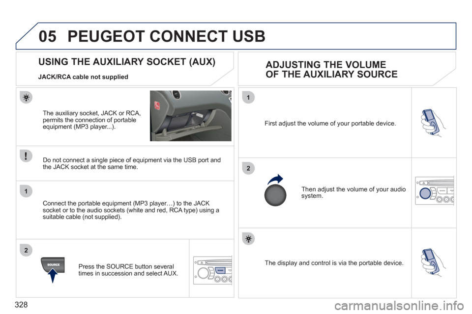 Peugeot 308 SW BL 2011  Owners Manual - RHD (UK. Australia) 328
05
1
2
1
2
  The display and control is via the portable device.     First adjust the volume of your portable device. 
  Then adjust the volume of your audio 
system. 
   
 
 
 
 
 
 
 
 
 
 
 
US