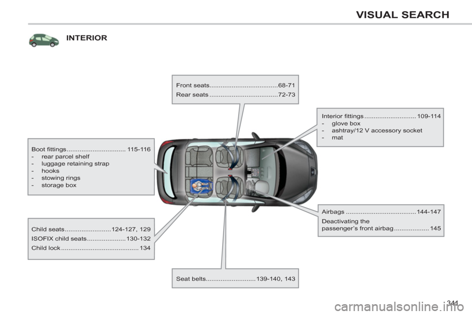 Peugeot 308 SW BL 2011  Owners Manual - RHD (UK. Australia) 341
VISUAL SEARCH
  INTERIOR  
 
 
Boot ﬁ ttings ................................ 115-116 
   
 
-   rear parcel shelf 
   
-   luggage retaining strap 
   
-  hooks 
   
-  stowing rings 
   
-  st