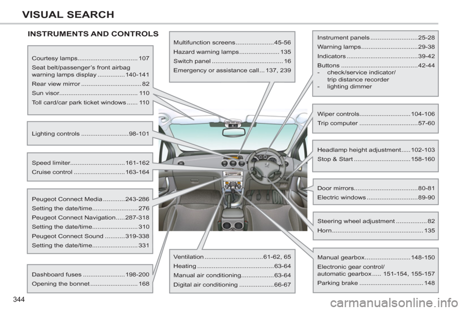 Peugeot 308 SW BL 2011 Owners Manual - RHD (UK. Australia) 344
VISUAL SEARCH
INSTRUMENTS AND CONTROLS
Courtesy lamps................................. 107
Seat belt/passenger’s front airbag
warning lamps display ...............140-141
Rear vie Peugeot 308 SW BL 2011 Owners Manual - RHD (UK. Australia) 344
VISUAL SEARCH
INSTRUMENTS AND CONTROLS
Courtesy lamps................................. 107
Seat belt/passenger’s front airbag
warning lamps display ...............140-141
Rear vie