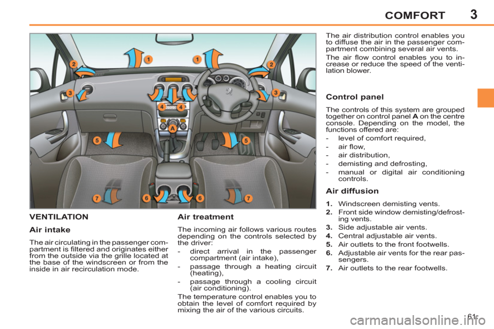 Peugeot 308 SW BL 2011  Owners Manual - RHD (UK. Australia) 3
61
COMFORT
   
 
 
 
 
 
 
 
VENTILATION  
 
Air treatment 
 
The incoming air follows various routes 
depending on the controls selected by 
the driver: 
   
 
-   direct arrival in the passenger 
