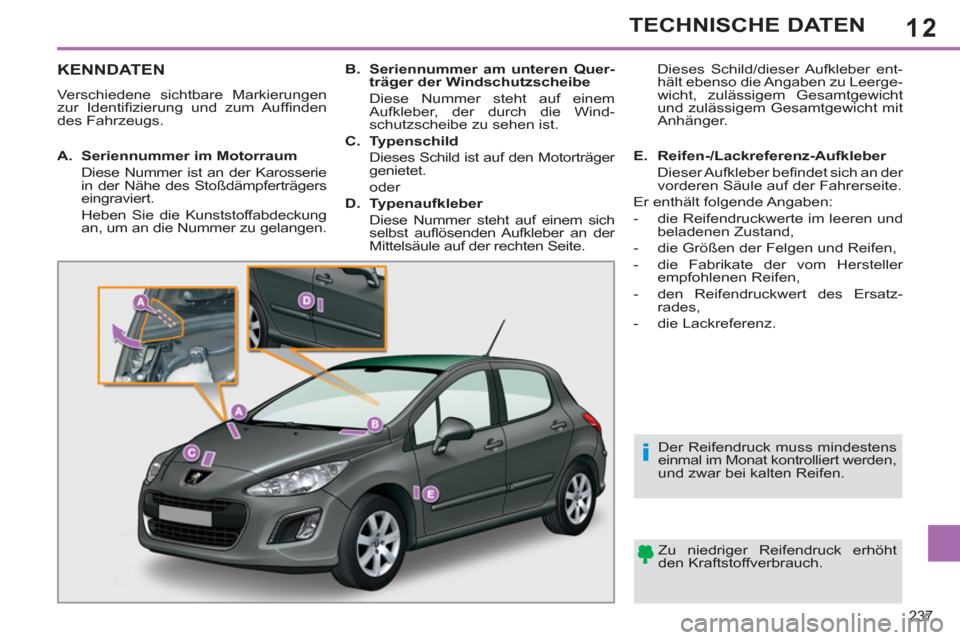 Peugeot 308 SW BL 2011  Betriebsanleitung (in German) 12
i
237
TECHNISCHE DATEN
   
 
 
 
 
 
 
 
 
 
 
 
 
 
 
 
 
 
 
 
 
 
 
 
 
 
KENNDATEN 
 
Verschiedene sichtbare Markierungen 
zur Identiﬁ zierung und zum Aufﬁ nden 
des Fahrzeugs.  
  Zu niedr