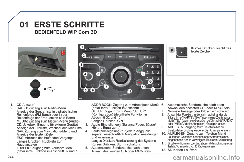 Peugeot 308 SW BL 2011  Betriebsanleitung (in German) 244
01
2ABC3DEF
5JKL4GHI6MNO
8TUV7PQRS9WXYZ
0*#
1
RADIO MEDIANAV ESC TRAFFIC
SETUPADDR
BOOK
1
10
2
3
4
612
9
7
8
115
TU PQRS
0*
   
 
1.  CD-Auswurf 
   
2.   RADIO: Zugang zum Radio-Menü   
  Anzeig
