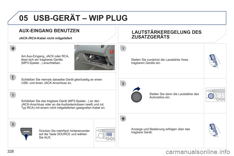 Peugeot 308 SW BL 2011  Betriebsanleitung (in German) 328
05
1
2
1
2
  Anzeige und Bedienung erfolgen über das 
tragbare Gerät.     Stellen Sie zunächst die Lautstärke Ihres 
tragbaren Geräts ein. 
  Stellen Sie dann die Lautstärke des 
Autoradios 