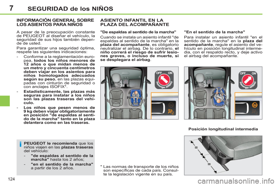 Peugeot 308 SW BL 2011  Manual del propietario (in Spanish) 7
i
124
SEGURIDAD de los NIÑOS
   
PEUGEOT le recomienda 
 que los 
niños viajen en las  plazas traseras 
 
del vehículo: 
   
 
-   "de espaldas al sentido de la 
marcha" 
 hasta los 2 años; 
   