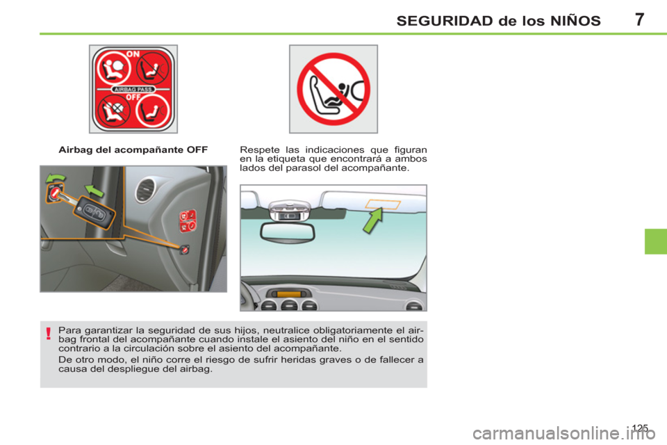 Peugeot 308 SW BL 2011  Manual del propietario (in Spanish) 7
!
125
SEGURIDAD de los NIÑOS
   
 
Airbag del acompañante OFF   
 
Respete las indicaciones que ﬁ guran 
en la etiqueta que encontrará a ambos 
lados del parasol del acompañante.  
   
Para ga
