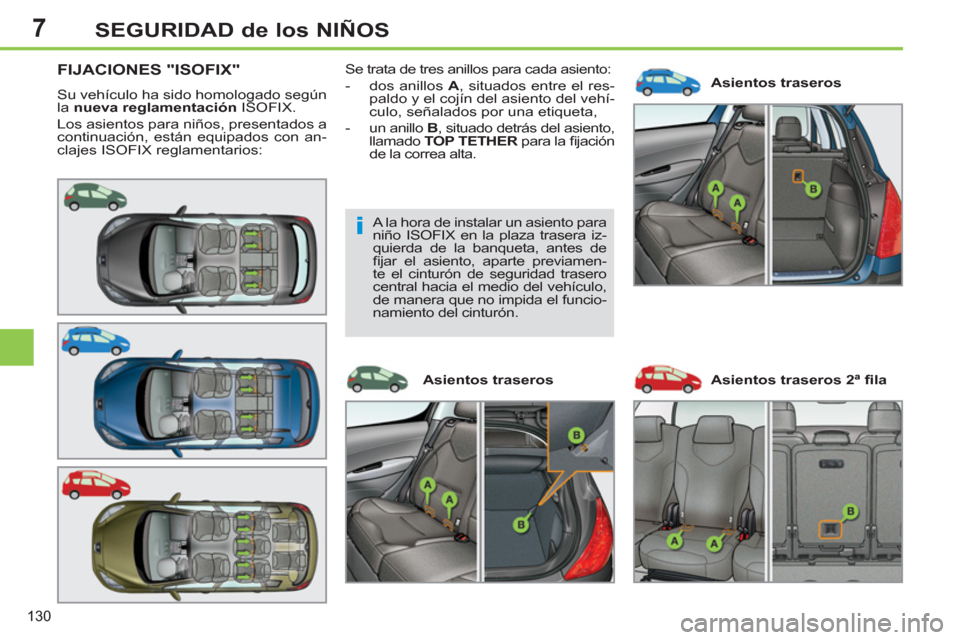Peugeot 308 SW BL 2011  Manual del propietario (in Spanish) 7
i
130
SEGURIDAD de los NIÑOS
   
 
 
 
 
 
 
 
 
 
 
FIJACIONES "ISOFIX" 
 
Su vehículo ha sido homologado según 
la  nueva reglamentación 
 ISOFIX. 
  Los asientos para niños, presentados a 
c