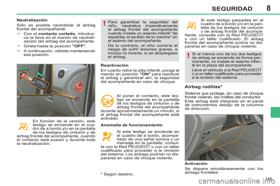 Peugeot 308 SW BL 2011 Manual del propietario (in Spanish) 8
!
!
145
SEGURIDAD
Si al menos uno de los dos testigos
de airbag se enciende de forma per-
manente, no instale el asiento infan-
til en la plaza del acompañante.
Lleve el vehículo a la Red PE Peugeot 308 SW BL 2011 Manual del propietario (in Spanish) 8
!
!
145
SEGURIDAD
Si al menos uno de los dos testigos
de airbag se enciende de forma per-
manente, no instale el asiento infan-
til en la plaza del acompañante.
Lleve el vehículo a la Red PE