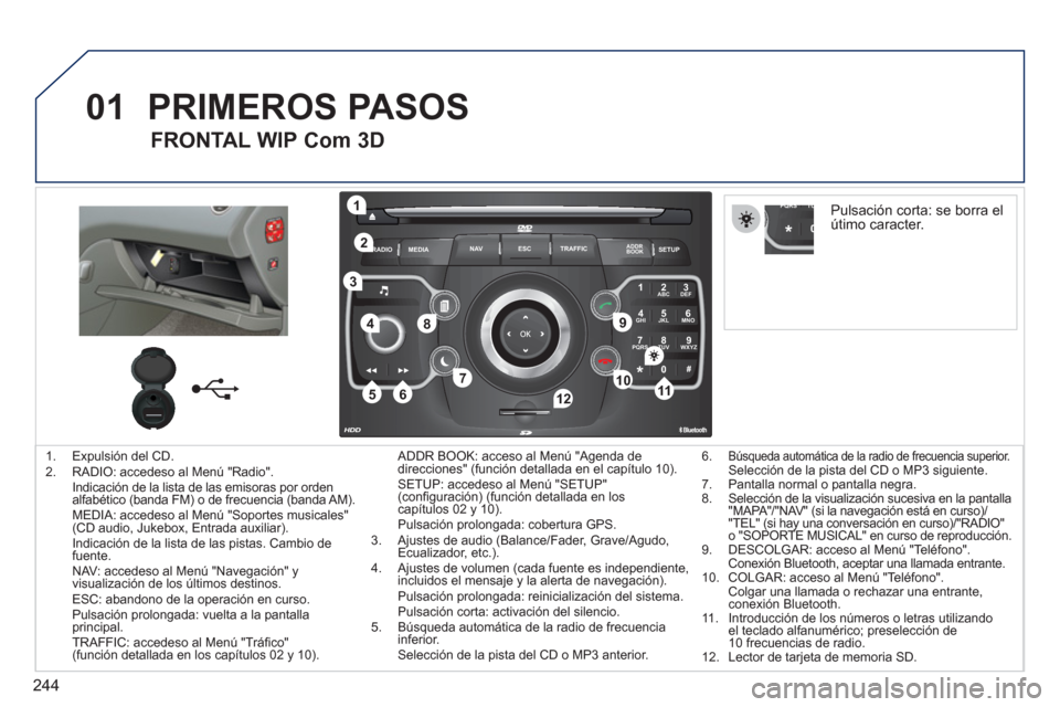 Peugeot 308 SW BL 2011 Manual del propietario (in Spanish) 244
01
2ABC3DEF
5JKL4GHI6MNO
8TUV7PQRS9WXYZ
0*#
1
RADIO MEDIANAV ESC TRAFFIC
SETUPADDR
BOOK
1
10
2
3
4
612
9
7
8
115
TU PQRS
0*
1. Expulsión del CD.
2. RADIO: accedeso al Menú "Radio" Peugeot 308 SW BL 2011 Manual del propietario (in Spanish) 244
01
2ABC3DEF
5JKL4GHI6MNO
8TUV7PQRS9WXYZ
0*#
1
RADIO MEDIANAV ESC TRAFFIC
SETUPADDR
BOOK
1
10
2
3
4
612
9
7
8
115
TU PQRS
0*
1. Expulsión del CD.
2. RADIO: accedeso al Menú "Radio"