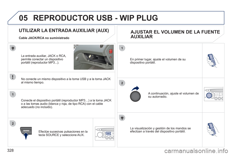 Peugeot 308 SW BL 2011  Manual del propietario (in Spanish) 328
05
1
2
1
2
  La visualización y gestión de los mandos se 
efectúan a través del dispositivo portátil.     En primer lugar, ajuste el volumen de su 
dispositivo portátil. 
  A continuación, 