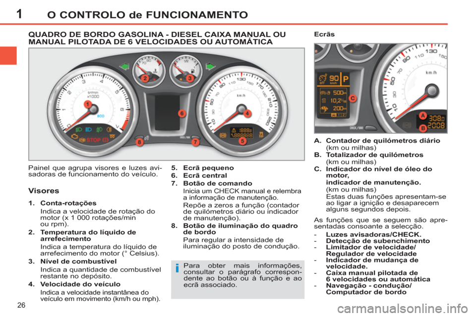 Peugeot 308 SW BL 2011 Manual do proprietário (in Portuguese) 1
i
26
O CONTROLO de FUNCIONAMENTO
QUADRO DE BORDO GASOLINA - DIESEL CAIXA MANUAL OU
MANUAL PILOTADA DE 6 VELOCIDADES OU AUTOMÁTICA
Painel que agrupa visores e luzes avi Peugeot 308 SW BL 2011 Manual do proprietário (in Portuguese) 1
i
26
O CONTROLO de FUNCIONAMENTO
QUADRO DE BORDO GASOLINA - DIESEL CAIXA MANUAL OU
MANUAL PILOTADA DE 6 VELOCIDADES OU AUTOMÁTICA
Painel que agrupa visores e luzes avi