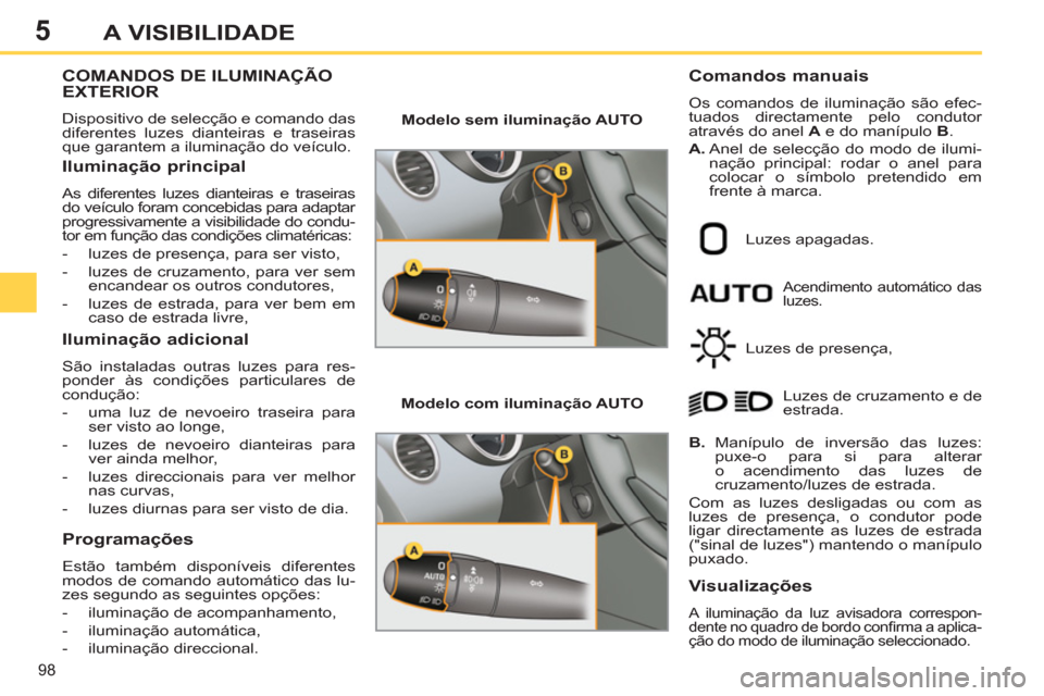 Peugeot 308 SW BL 2011  Manual do proprietário (in Portuguese) 5
98
A VISIBILIDADE
   
 
 
 
 
 
 
 
 
 
 
 
 
 
COMANDOS DE ILUMINAÇÃO 
EXTERIOR 
  Dispositivo de selecção e comando das 
diferentes luzes dianteiras e traseiras 
que garantem a iluminação do