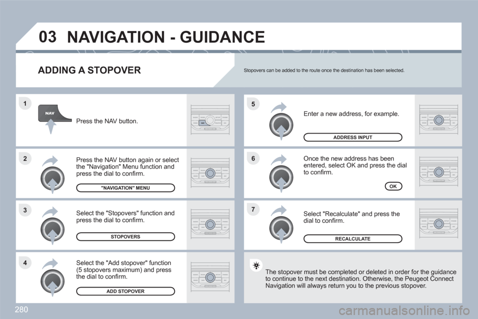 Peugeot 308 SW BL 2010.5  Owners Manual - RHD (UK. Australia) 280
7 6 5
4 3 2 1
03
   
ADDING A STOPOVER 
 
Enter a new address, for example.
 Once the new address has been entered, select OK and press the dial to conﬁ rm.
 
Select "Recalculate" and press the 