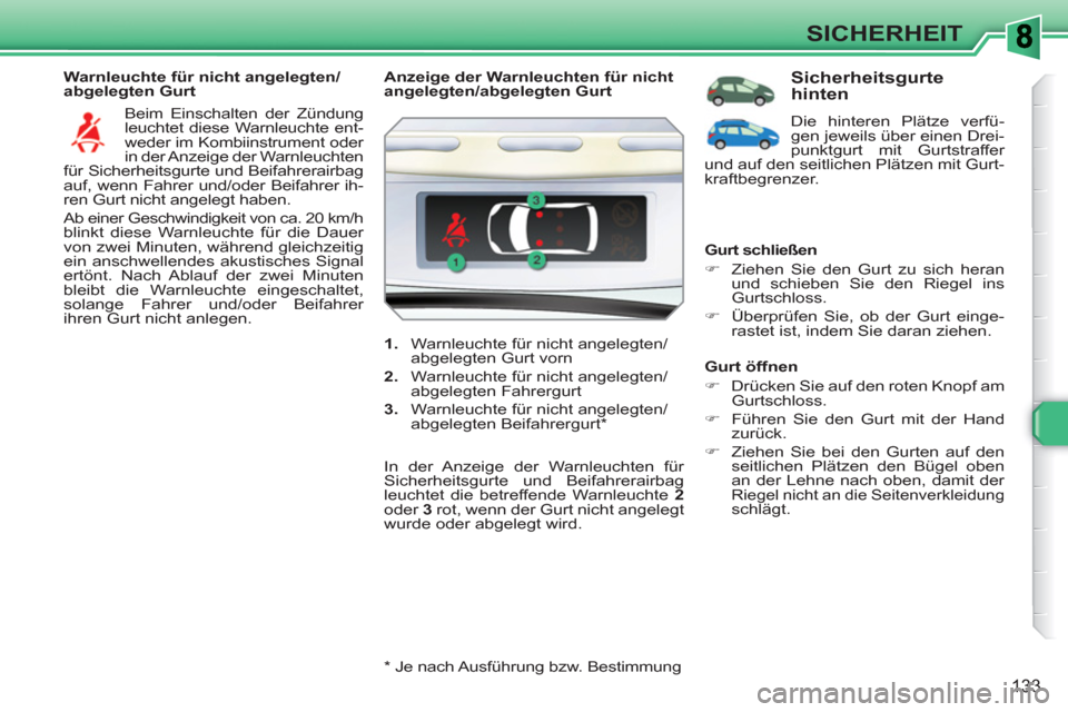 Peugeot 308 SW BL 2010.5  Betriebsanleitung (in German) 133
SICHERHEIT
   
Warnleuchte für nicht angelegten/
abgelegten Gurt 
  Beim Einschalten der Zündung 
leuchtet diese Warnleuchte ent-
weder im Kombiinstrument oder 
in der Anzeige der Warnleuchten 

