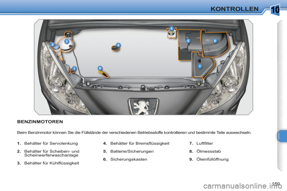 Peugeot 308 SW BL 2010.5  Betriebsanleitung (in German) 10
159
KONTROLLEN
BENZINMOTOREN 
  Beim Benzinmotor können Sie die Füllstände der verschiedenen Betriebsstoffe kontrollieren und bestimmte Teile auswechseln. 
 
 
 
1. 
  Behälter für Servolenkun
