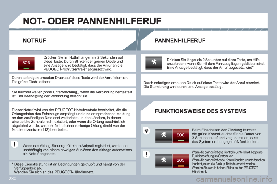 Peugeot 308 SW BL 2010.5  Betriebsanleitung (in German) 230
 
   
NOTRUFPANNENHILFERUF 
FUNKTIONSWEISE DES SYSTEMS 
Drücken Sie im Notfall länger als 2 Sekunden auf diese Taste. Durch Blinken der grünen Diode und eine Ansage wird bestätigt, dass der An