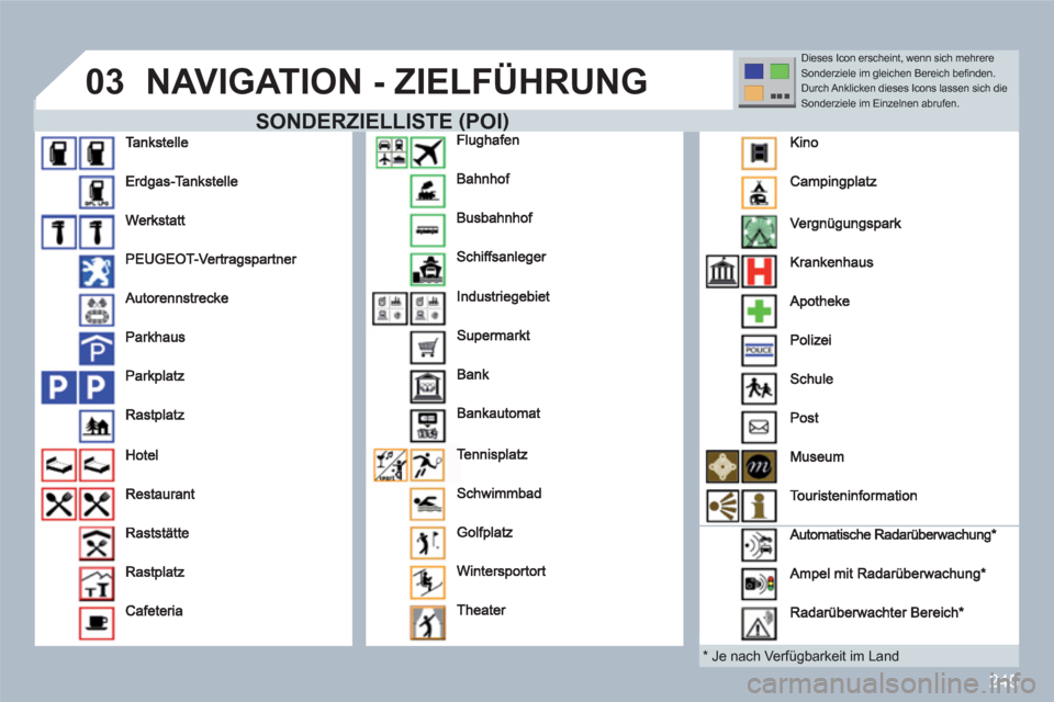 Peugeot 308 SW BL 2010.5  Betriebsanleitung (in German) 245
03NAVIGATION - ZIELFÜHRUNG 
   SONDERZIELLISTE(POI)
 
 * 
  Je nach Verfügbarkeit im Land 
Dieses Icon erscheint, wenn sich mehrere Sonderziele im gleichen Bereich beﬁ nden. Durch Anklicken di