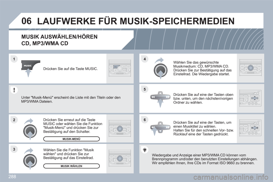 Peugeot 308 SW BL 2010.5  Betriebsanleitung (in German) 288
06
6 4
5
3 2 1
MUSIK AUSWÄHLEN/HÖREN
CD, MP3/WMA CD 
Wiedergabe und Anzeige einer MP3/WMA CD könnenn vom Brennprogramm und/oder den benutzten Einstellungeen abhängen.Wir empfehlen Ihnen, Ihre 