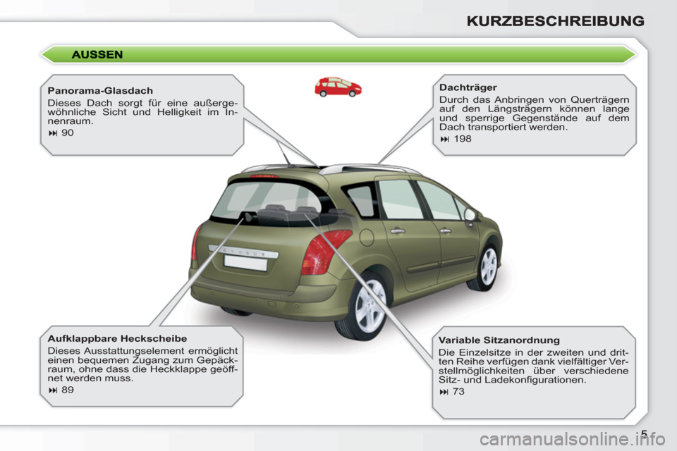 Peugeot 308 SW BL 2010.5  Betriebsanleitung (in German)    
Panorama-Glasdach 
  Dieses Dach sorgt für eine außerge-
wöhnliche Sicht und Helligkeit im In-
nenraum. 
   
 
� 
 90  
 
   
Aufklappbare Heckscheibe 
 
Dieses Ausstattungselement  ermöglich